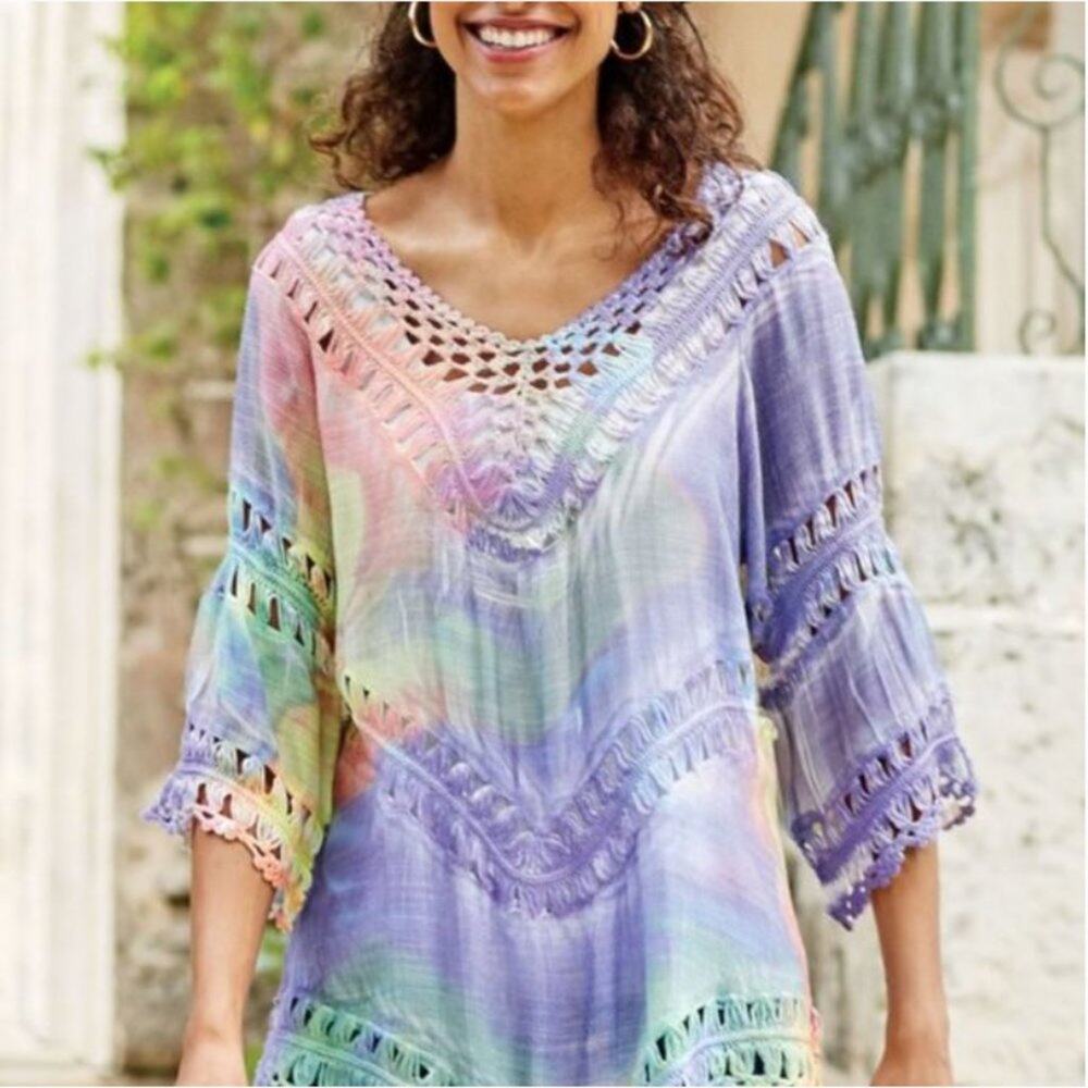 Pastel Tie-Dye Crochet V-Neck Women's Top